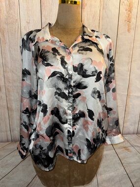 dressbarn Pink, Black & White Abstract Floral Satin Button-Down Shirt, women’s L
